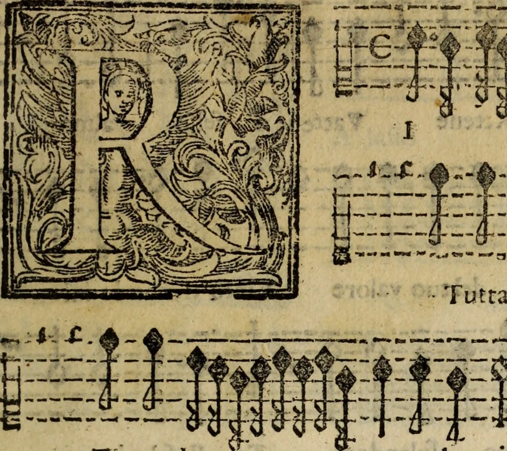 An illustration from Madrigali ... a cinqve voci. Libro primo[-sesto] .., 1611, leaf 404
