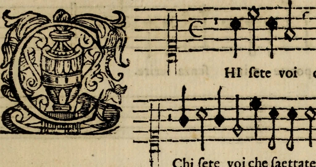 An illustration from Madrigali ... a cinqve voci. Libro primo[-sesto] .., 1611, leaf 440
