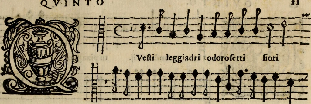An illustration from Madrigali ... a cinqve voci. Libro primo[-sesto] .., 1611, leaf 450