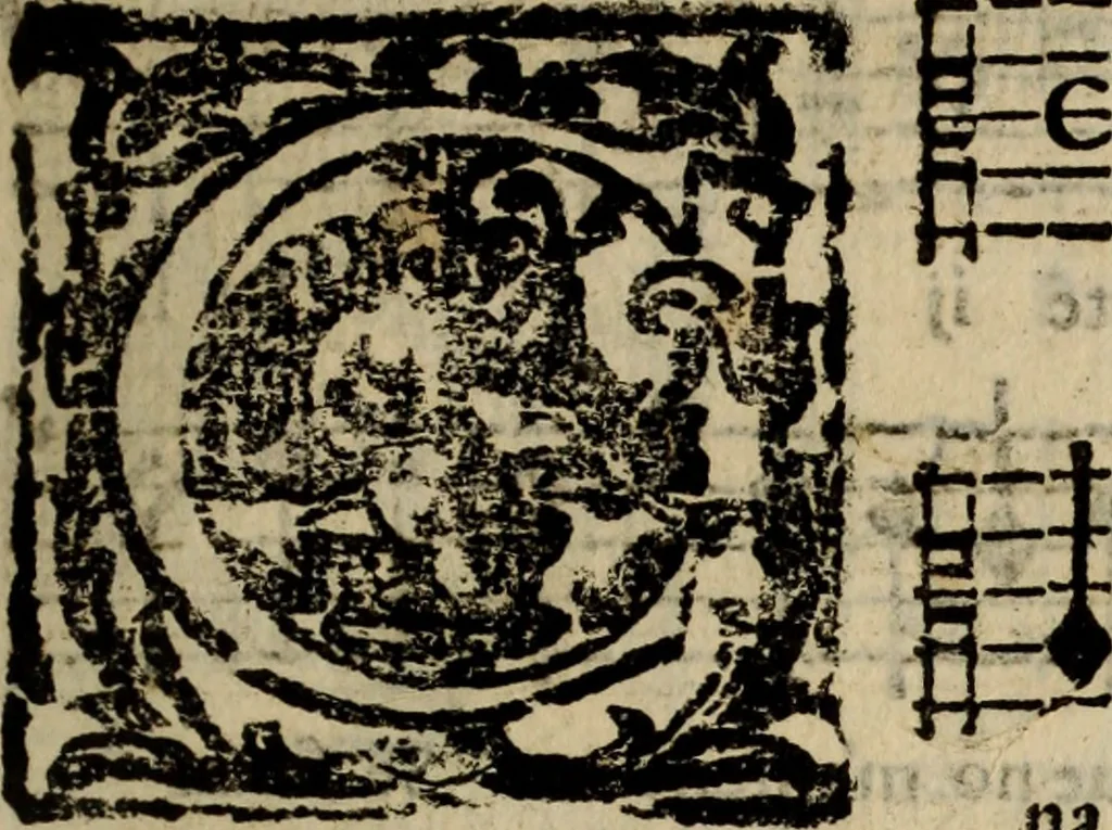 An illustration from Madrigali ... a cinqve voci. Libro primo[-sesto] .., 1611, leaf 74