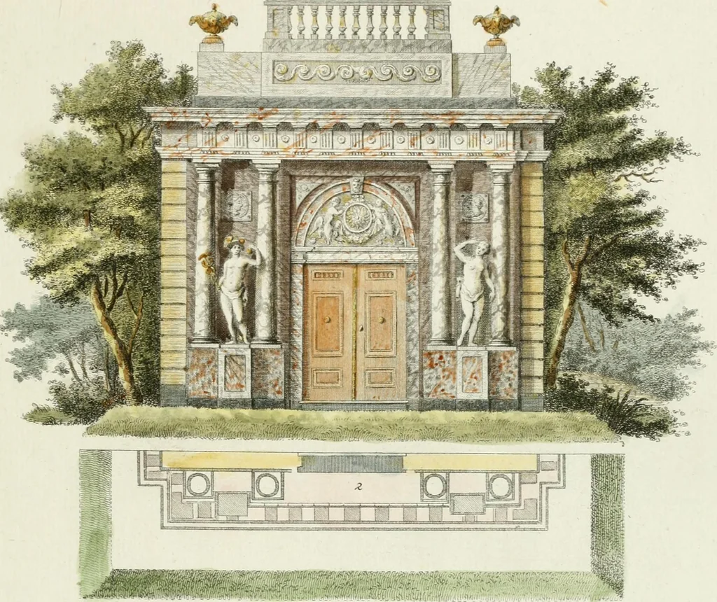 An illustration from Magazijn van tuin-sieraaden, of, Verzameling van modellen van aanleg en sieraad, voor groote en kleine lust-hoven, voorn amelijk van dezulke die, met weinig kosten, te maaken zijn, 1802, leaf 18