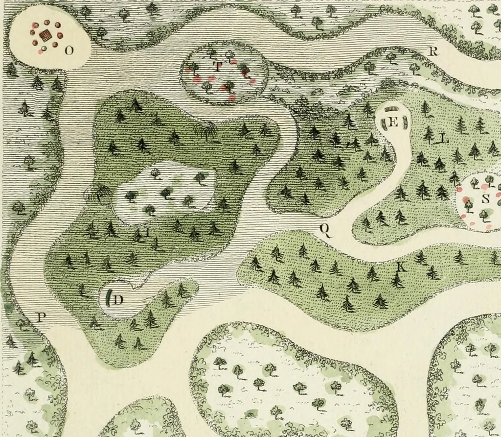 An illustration from Magazijn van tuin-sieraaden, of, Verzameling van modellen van aanleg en sieraad, voor groote en kleine lust-hoven, voorn amelijk van dezulke die, met weinig kosten, te maaken zijn, 1802, leaf 22