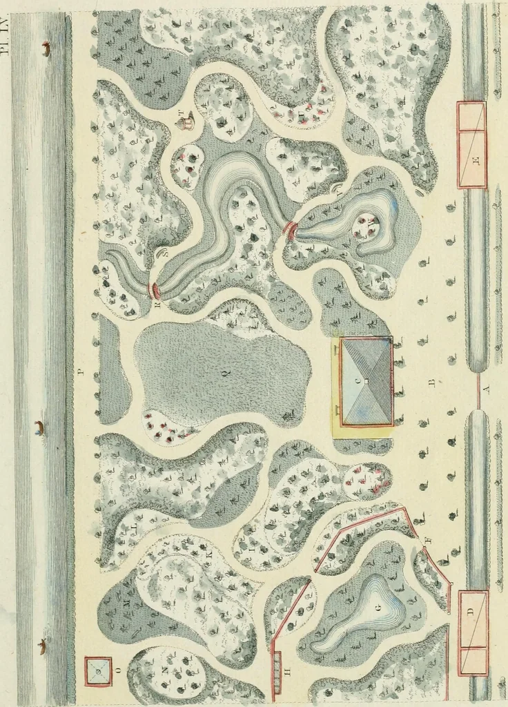 An illustration from Magazijn van tuin-sieraaden, of, Verzameling van modellen van aanleg en sieraad, voor groote en kleine lust-hoven, voorn amelijk van dezulke die, met weinig kosten, te maaken zijn, 1802, leaf 18
