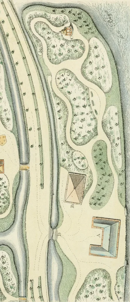 An illustration from Magazijn van tuin-sieraaden, of, Verzameling van modellen van aanleg en sieraad, voor groote en kleine lust-hoven, voorn amelijk van dezulke die, met weinig kosten, te maaken zijn, 1802, leaf 18