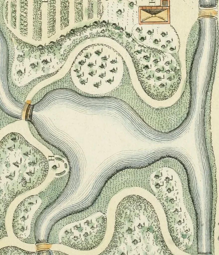 An illustration from Magazijn van tuin-sieraaden, of, Verzameling van modellen van aanleg en sieraad, voor groote en kleine lust-hoven, voorn amelijk van dezulke die, met weinig kosten, te maaken zijn, 1802, leaf 18