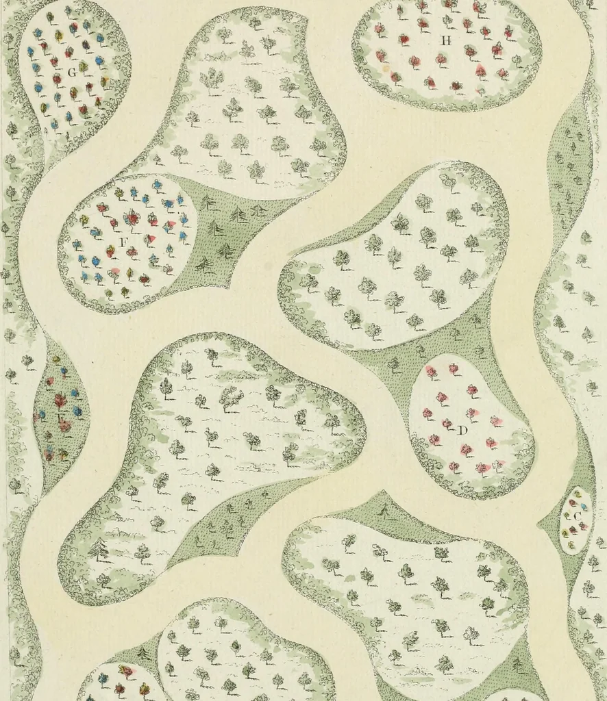 An illustration from Magazijn van tuin-sieraaden, of, Verzameling van modellen van aanleg en sieraad, voor groote en kleine lust-hoven, voorn amelijk van dezulke die, met weinig kosten, te maaken zijn, 1802, leaf 20