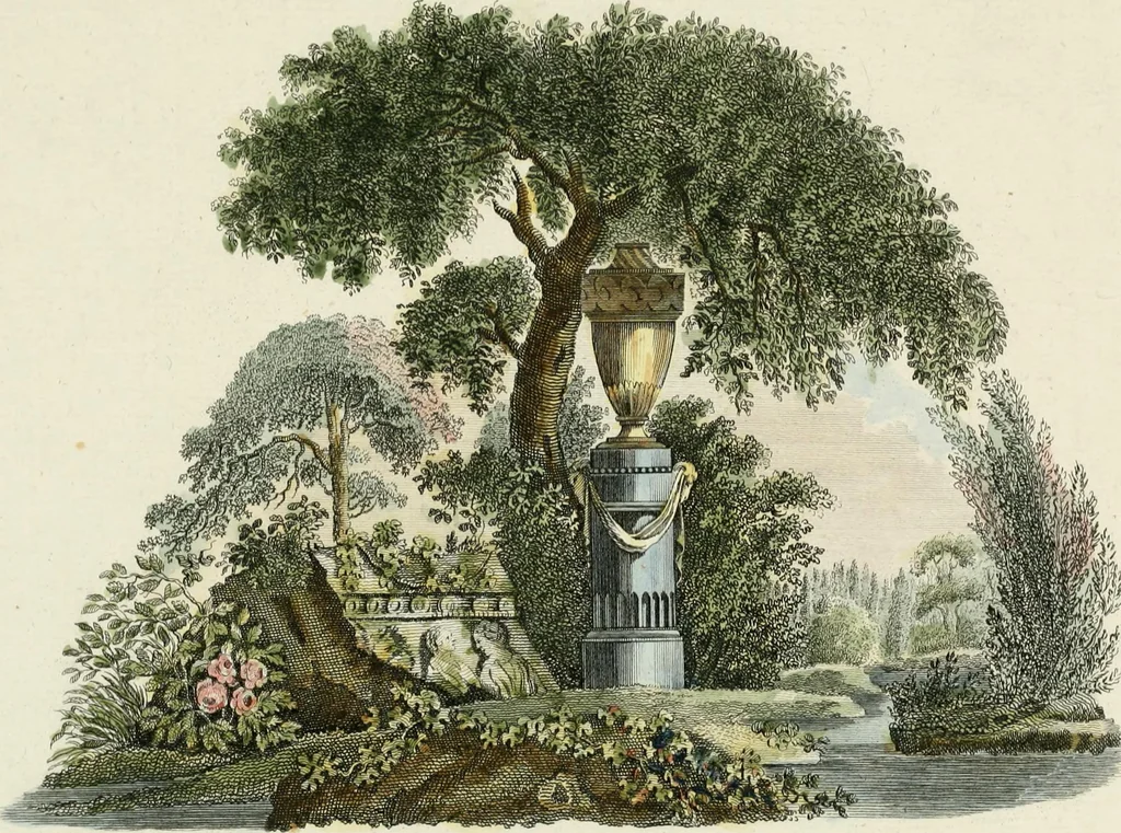 An illustration from Magazijn van tuin-sieraaden, of, Verzameling van modellen van aanleg en sieraad, voor groote en kleine lust-hoven, voorn amelijk van dezulke die, met weinig kosten, te maaken zijn, 1802, leaf 6