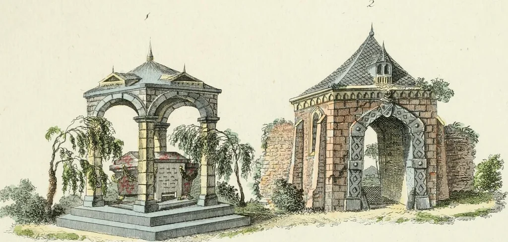 An illustration from Magazijn van tuin-sieraaden, of, Verzameling van modellen van aanleg en sieraad, voor groote en kleine lust-hoven, voorn amelijk van dezulke die, met weinig kosten, te maaken zijn, 1802, leaf 14
