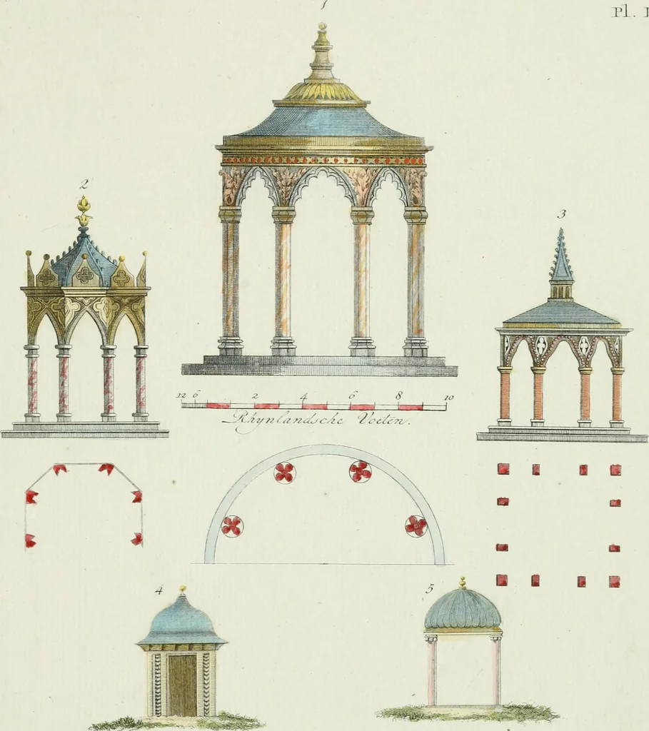 An illustration from Magazijn van tuin-sieraaden, of, Verzameling van modellen van aanleg en sieraad, voor groote en kleine lust-hoven, voorn amelijk van dezulke die, met weinig kosten, te maaken zijn, 1802, leaf 14