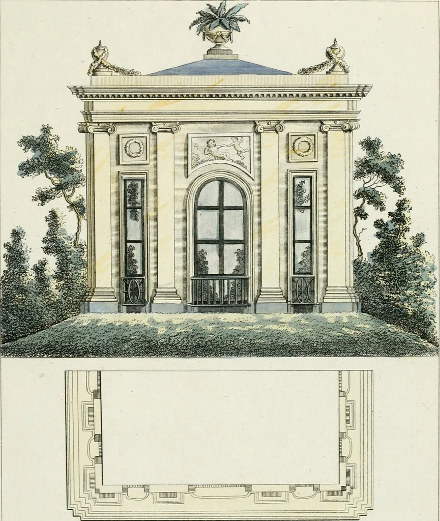 An illustration from Magazijn van tuin-sieraaden, of, Verzameling van modellen van aanleg en sieraad, voor groote en kleine lust-hoven, voorn amelijk van dezulke die, met weinig kosten, te maaken zijn, 1802, leaf 16