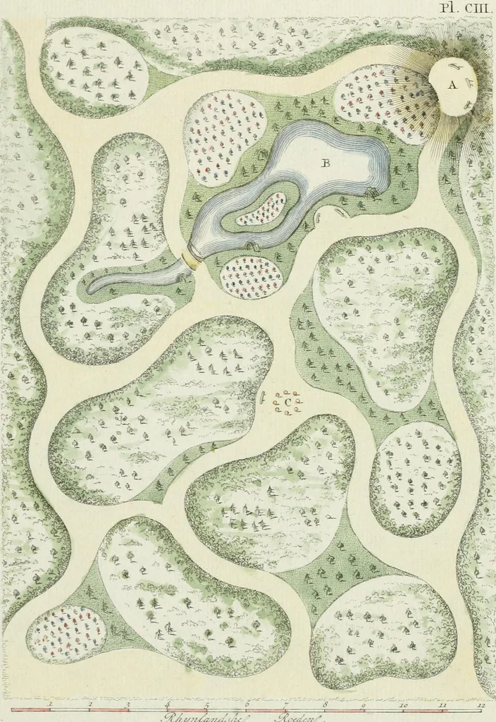 An illustration from Magazijn van tuin-sieraaden, of, Verzameling van modellen van aanleg en sieraad, voor groote en kleine lust-hoven, voorn amelijk van dezulke die, met weinig kosten, te maaken zijn, 1802, leaf 18