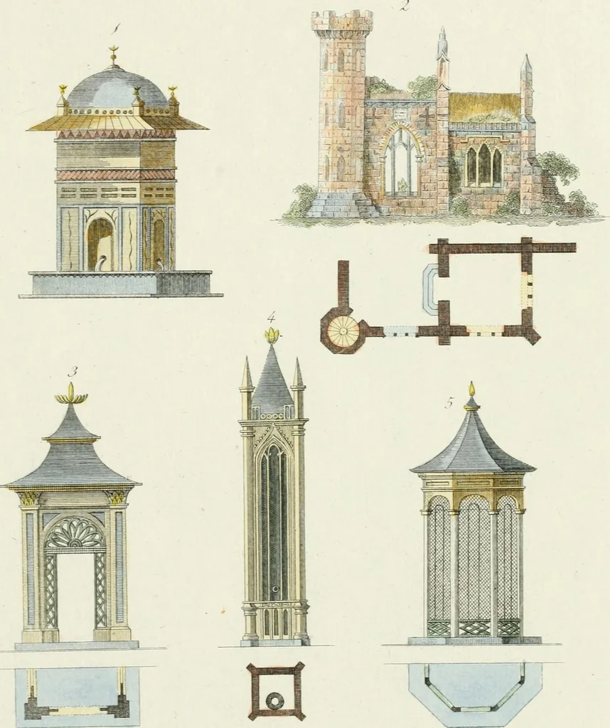 An illustration from Magazijn van tuin-sieraaden, of, Verzameling van modellen van aanleg en sieraad, voor groote en kleine lust-hoven, voorn amelijk van dezulke die, met weinig kosten, te maaken zijn, 1802, leaf 8