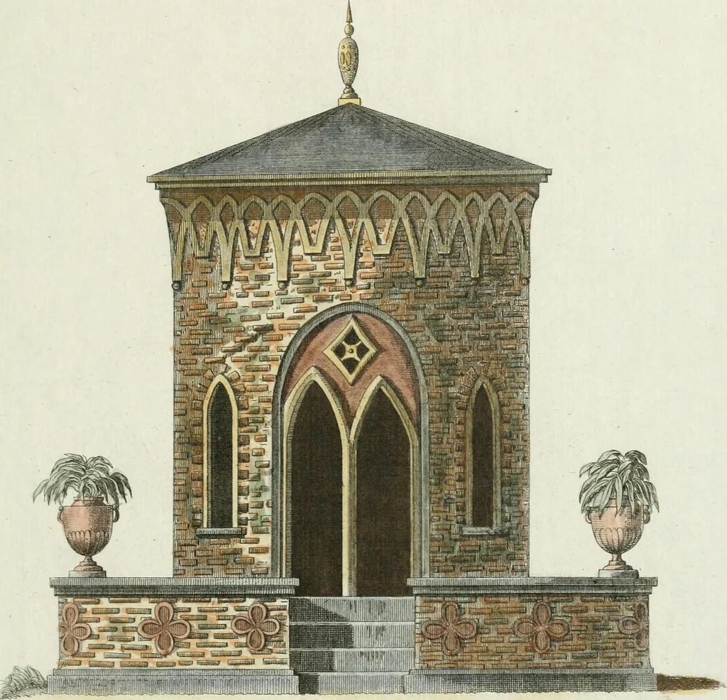 An illustration from Magazijn van tuin-sieraaden, of, Verzameling van modellen van aanleg en sieraad, voor groote en kleine lust-hoven, voorn amelijk van dezulke die, met weinig kosten, te maaken zijn, 1802, leaf 18