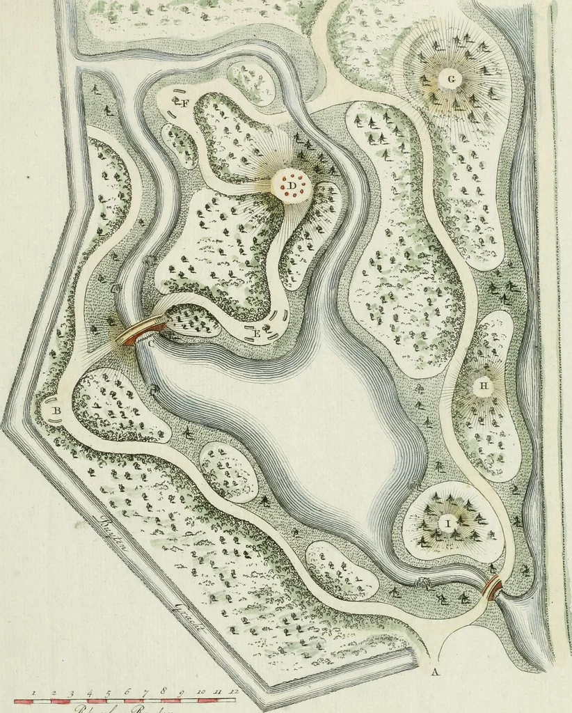 An illustration from Magazijn van tuin-sieraaden, of, Verzameling van modellen van aanleg en sieraad, voor groote en kleine lust-hoven, voorn amelijk van dezulke die, met weinig kosten, te maaken zijn, 1802, leaf 20