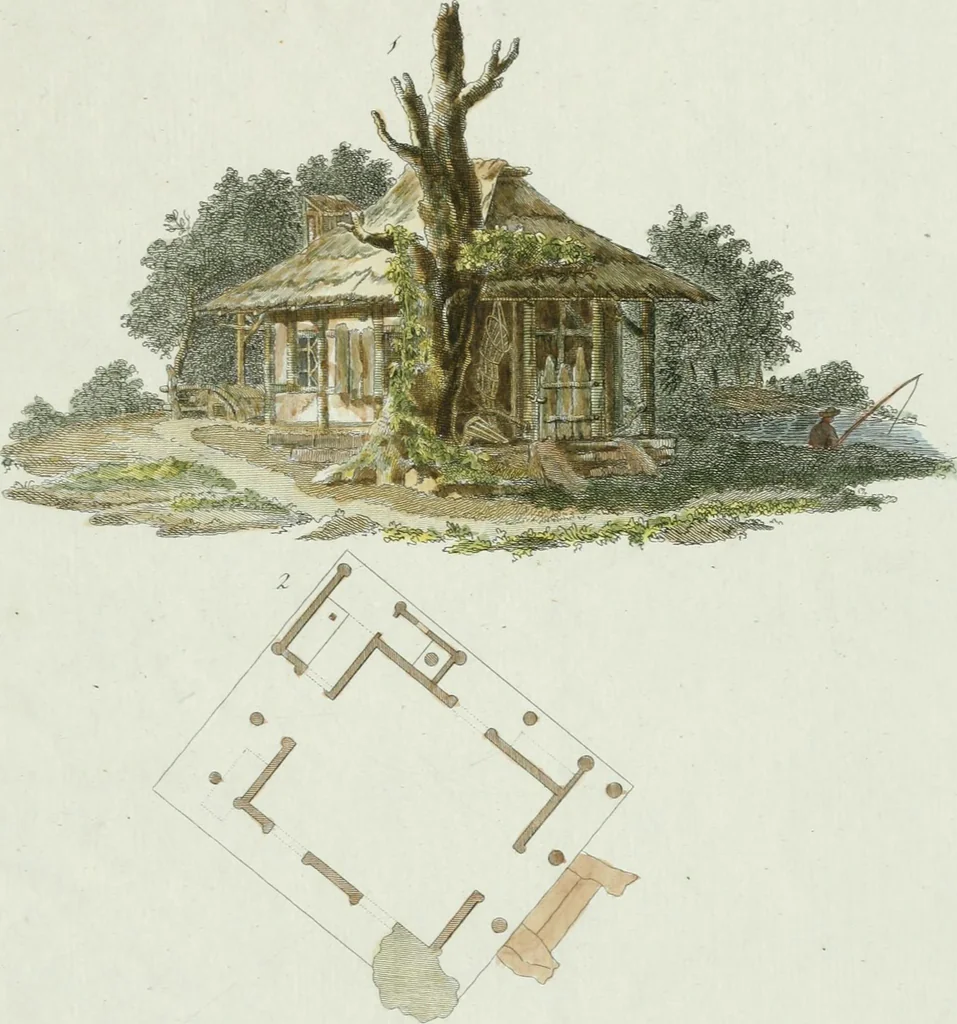 An illustration from Magazijn van tuin-sieraaden, of, Verzameling van modellen van aanleg en sieraad, voor groote en kleine lust-hoven, voorn amelijk van dezulke die, met weinig kosten, te maaken zijn, 1802, leaf 6