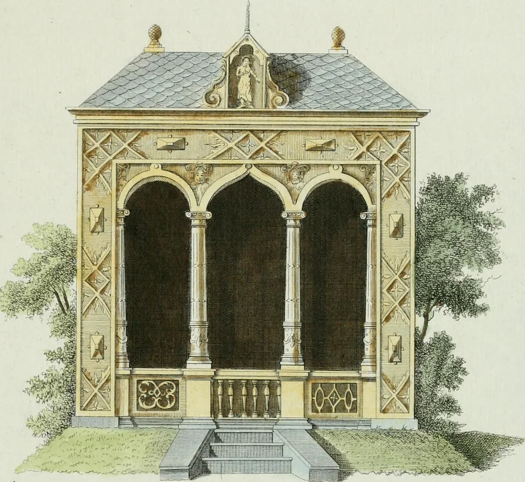 An illustration from Magazijn van tuin-sieraaden, of, Verzameling van modellen van aanleg en sieraad, voor groote en kleine lust-hoven, voorn amelijk van dezulke die, met weinig kosten, te maaken zijn, 1802, leaf 16
