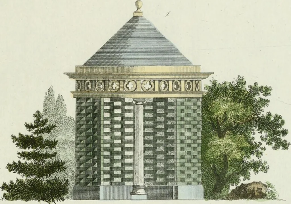 An illustration from Magazijn van tuin-sieraaden, of, Verzameling van modellen van aanleg en sieraad, voor groote en kleine lust-hoven, voorn amelijk van dezulke die, met weinig kosten, te maaken zijn, 1802, leaf 8