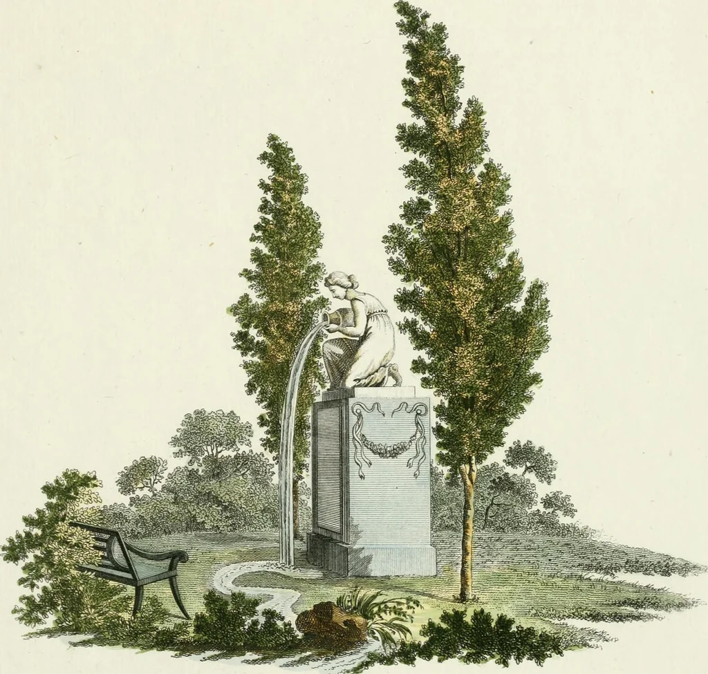 An illustration from Magazijn van tuin-sieraaden, of, Verzameling van modellen van aanleg en sieraad, voor groote en kleine lust-hoven, voorn amelijk van dezulke die, met weinig kosten, te maaken zijn, 1802, leaf 12