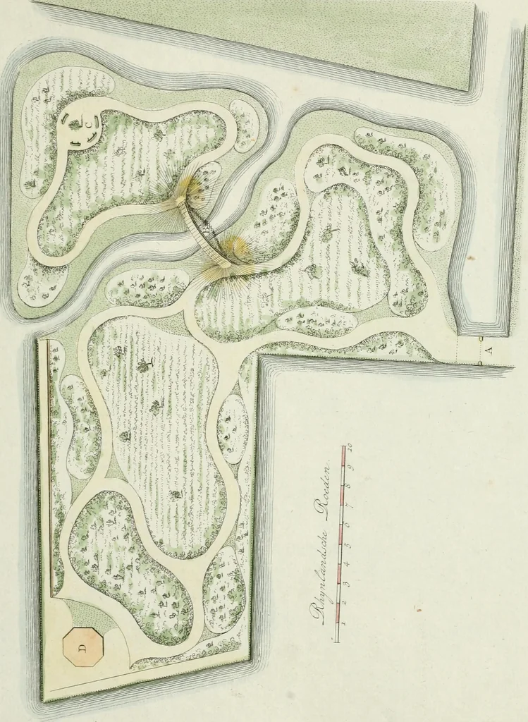 An illustration from Magazijn van tuin-sieraaden, of, Verzameling van modellen van aanleg en sieraad, voor groote en kleine lust-hoven, voorn amelijk van dezulke die, met weinig kosten, te maaken zijn, 1802, leaf 18