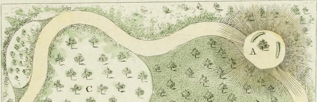 An illustration from Magazijn van tuin-sieraaden, of, Verzameling van modellen van aanleg en sieraad, voor groote en kleine lust-hoven, voorn amelijk van dezulke die, met weinig kosten, te maaken zijn, 1802, leaf 18