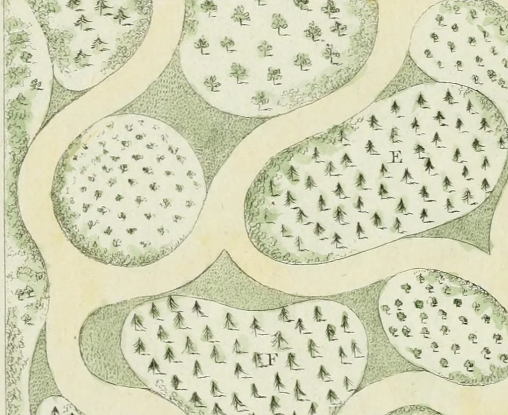 An illustration from Magazijn van tuin-sieraaden, of, Verzameling van modellen van aanleg en sieraad, voor groote en kleine lust-hoven, voorn amelijk van dezulke die, met weinig kosten, te maaken zijn, 1802, leaf 18