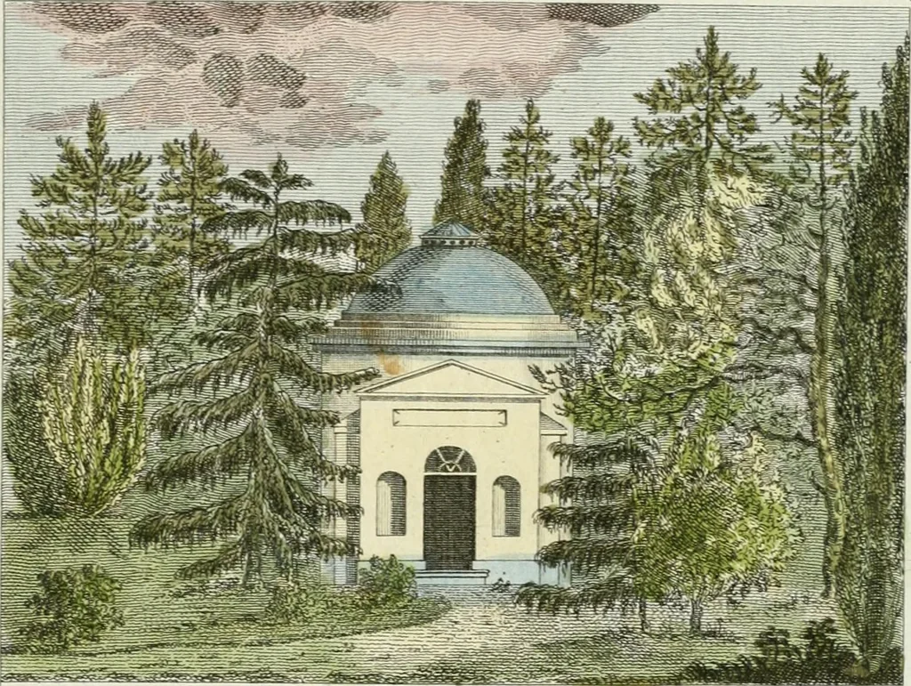 An illustration from Magazijn van tuin-sieraaden, of, Verzameling van modellen van aanleg en sieraad, voor groote en kleine lust-hoven, voorn amelijk van dezulke die, met weinig kosten, te maaken zijn, 1802, leaf 6