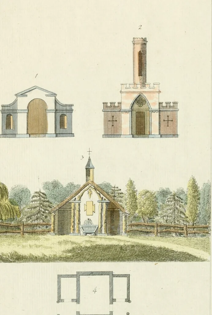 An illustration from Magazijn van tuin-sieraaden, of, Verzameling van modellen van aanleg en sieraad, voor groote en kleine lust-hoven, voorn amelijk van dezulke die, met weinig kosten, te maaken zijn, 1802, leaf 6
