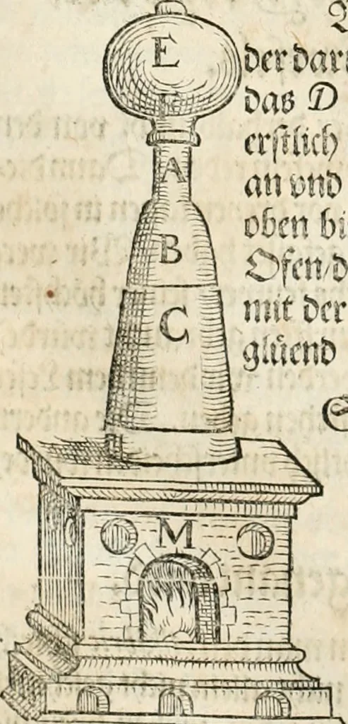 An illustration from Magna alchymia : dass ist ein Lehr vnd Vnterweisung von den offenbaren vnd verborgenlichen Naturen, Arten vnd Eigenschafften, allerhandt wunderlicher Erdtgewechssen, als Ertzen, Metallen, Mineren, Erdsäfften, Schwefeln, Mercurien, Saltzen vnd Gesteinen ... : jtem Onomasticum vnd Interpretatio oder aussführliche Erklerung, etliche frembde vnd (bey vielen hochgelarten, die der lateinischen und griechischen Sprach erfahren) vnbekante Nomina, Verba, Prouerbia, Dicta, Sylben, Caracter, vnd sonst Reden, deren nicht allein in des theuren Philosophi vnnd Medici Aurelij, Theophrasti Paracelsi von Hohenheim, sondern auch in anderer Authorum Schrifften, hin vnd wider weitleufftig gedacht, welche hie zusammen nach dem Alphabet verzeichnet, 1587, leaf 31