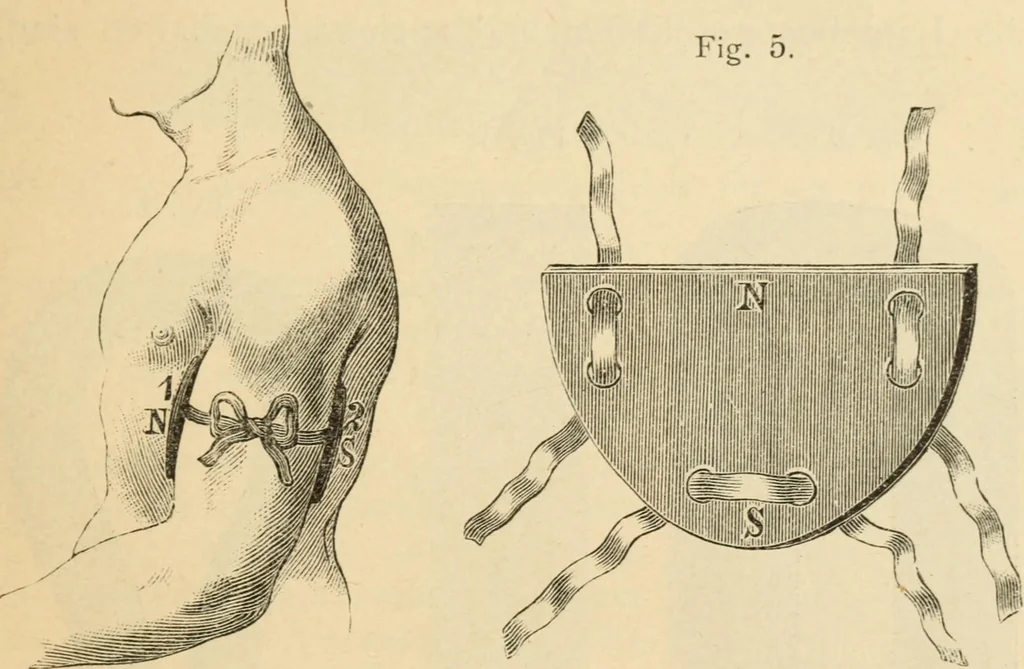 An illustration from Magnetismus und Hypnotismus; eine Darstellung dieses Gebietes, mit besonderer Berücksichtigung der Beziehungen zwischen dem mineralischen Magnetismus, dem sogenannten thierischen Magnetismus und dem Hypnotismus, 1895, leaf 36