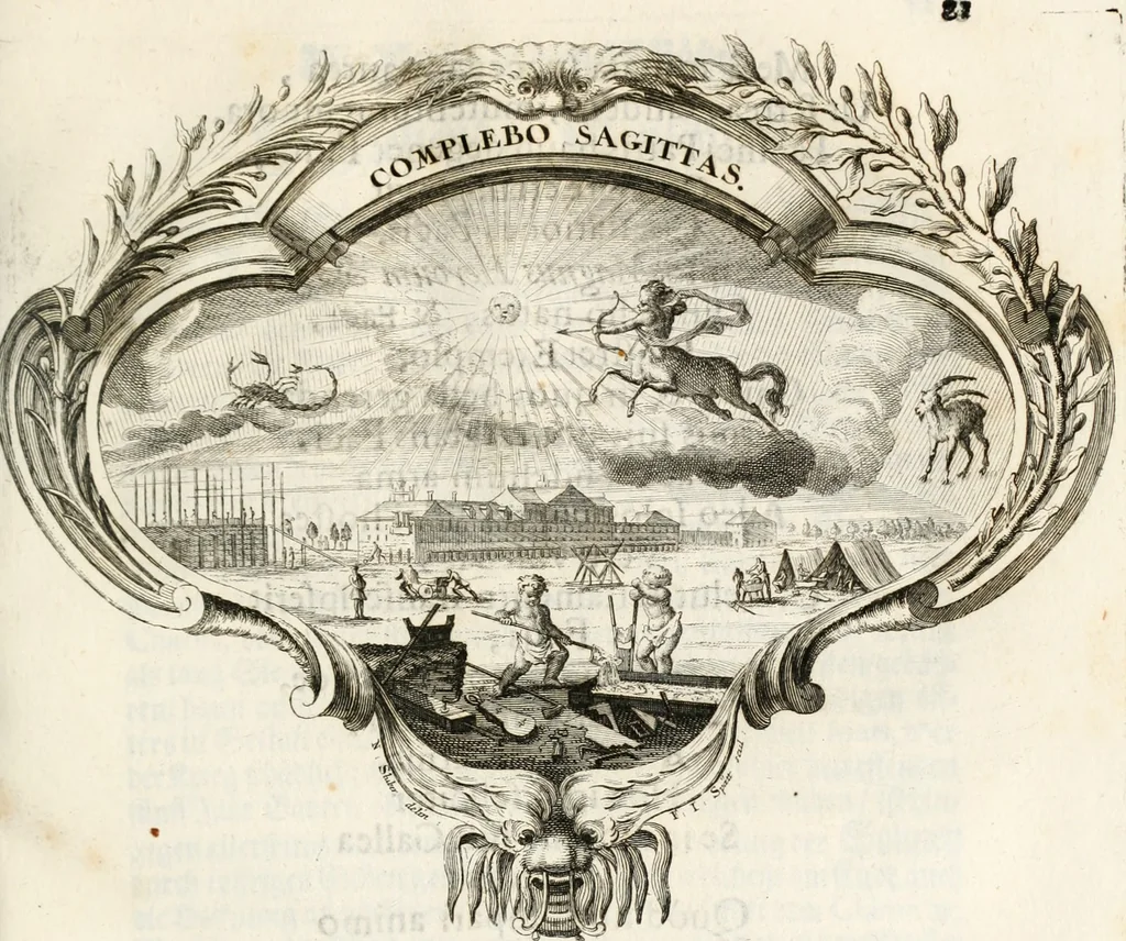 An illustration from Magnus in ortu; maximus in meridie; major in occasu : semperque serenissimus principum sol Maximilianus Emanuel, utr. Bav. & Palat. Sup. Dux., Com. Pal. Rheni, S.R. Imp. Archidap. & Elector, Landr. Leucht. &c., seu, Apparatus funebris litterarius extremis honoribus ejusdem Serenmi. ac Potentissimi Princ. Electoris adornatus, cùm in Elect. Templo Cler. Reg. solennes exequiae eidem piissimè defuncto electori celebrarentur, 1727, leaf 108