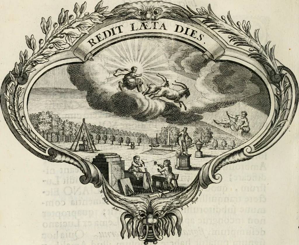 An illustration from Magnus in ortu; maximus in meridie; major in occasu : semperque serenissimus principum sol Maximilianus Emanuel, utr. Bav. & Palat. Sup. Dux., Com. Pal. Rheni, S.R. Imp. Archidap. & Elector, Landr. Leucht. &c., seu, Apparatus funebris litterarius extremis honoribus ejusdem Serenmi. ac Potentissimi Princ. Electoris adornatus, cùm in Elect. Templo Cler. Reg. solennes exequiae eidem piissimè defuncto electori celebrarentur, 1727, leaf 113