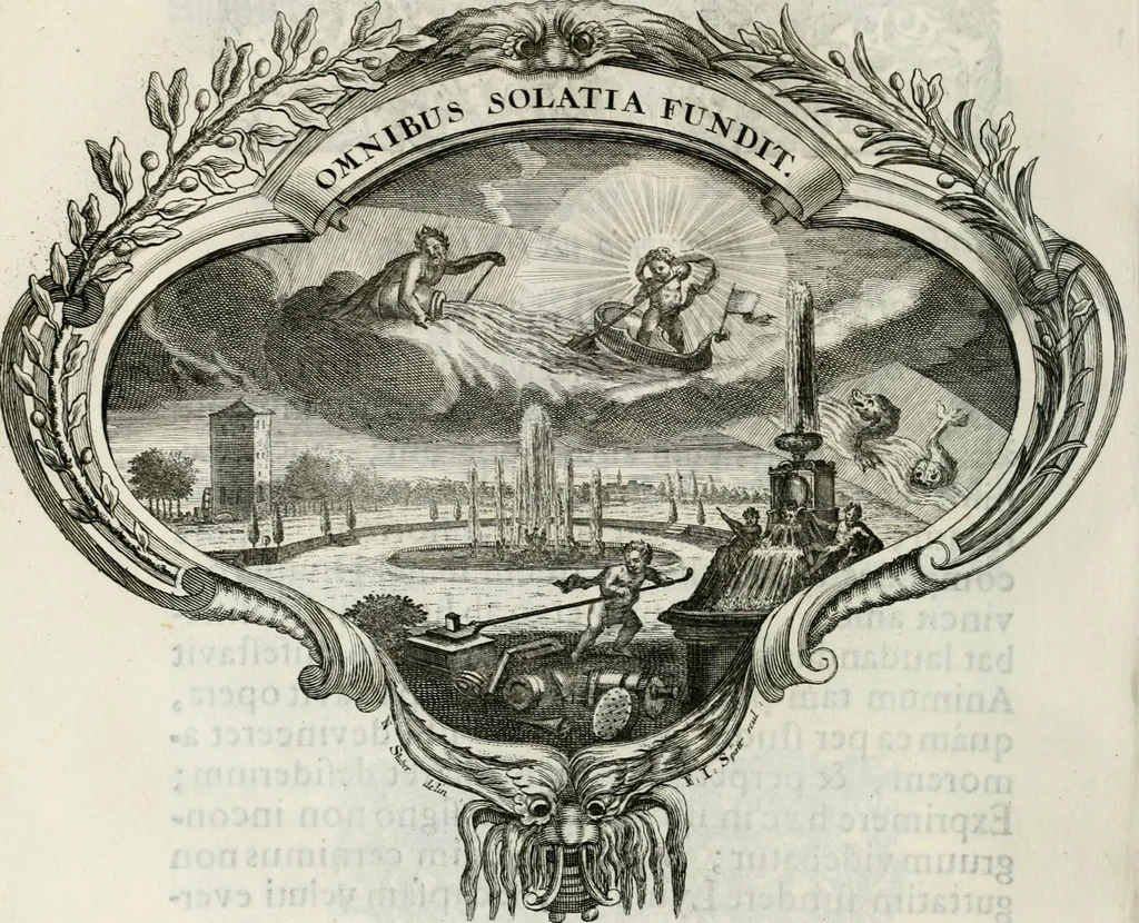 An illustration from Magnus in ortu; maximus in meridie; major in occasu : semperque serenissimus principum sol Maximilianus Emanuel, utr. Bav. & Palat. Sup. Dux., Com. Pal. Rheni, S.R. Imp. Archidap. & Elector, Landr. Leucht. &c., seu, Apparatus funebris litterarius extremis honoribus ejusdem Serenmi. ac Potentissimi Princ. Electoris adornatus, cùm in Elect. Templo Cler. Reg. solennes exequiae eidem piissimè defuncto electori celebrarentur, 1727, leaf 119