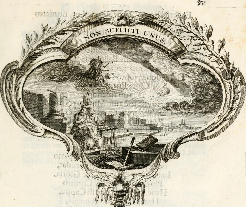 An illustration from Magnus in ortu; maximus in meridie; major in occasu : semperque serenissimus principum sol Maximilianus Emanuel, utr. Bav. & Palat. Sup. Dux., Com. Pal. Rheni, S.R. Imp. Archidap. & Elector, Landr. Leucht. &c., seu, Apparatus funebris litterarius extremis honoribus ejusdem Serenmi. ac Potentissimi Princ. Electoris adornatus, cùm in Elect. Templo Cler. Reg. solennes exequiae eidem piissimè defuncto electori celebrarentur, 1727, leaf 124