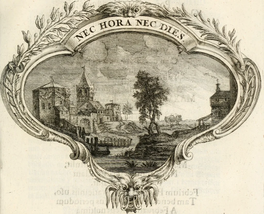 An illustration from Magnus in ortu; maximus in meridie; major in occasu : semperque serenissimus principum sol Maximilianus Emanuel, utr. Bav. & Palat. Sup. Dux., Com. Pal. Rheni, S.R. Imp. Archidap. & Elector, Landr. Leucht. &c., seu, Apparatus funebris litterarius extremis honoribus ejusdem Serenmi. ac Potentissimi Princ. Electoris adornatus, cùm in Elect. Templo Cler. Reg. solennes exequiae eidem piissimè defuncto electori celebrarentur, 1727, leaf 134