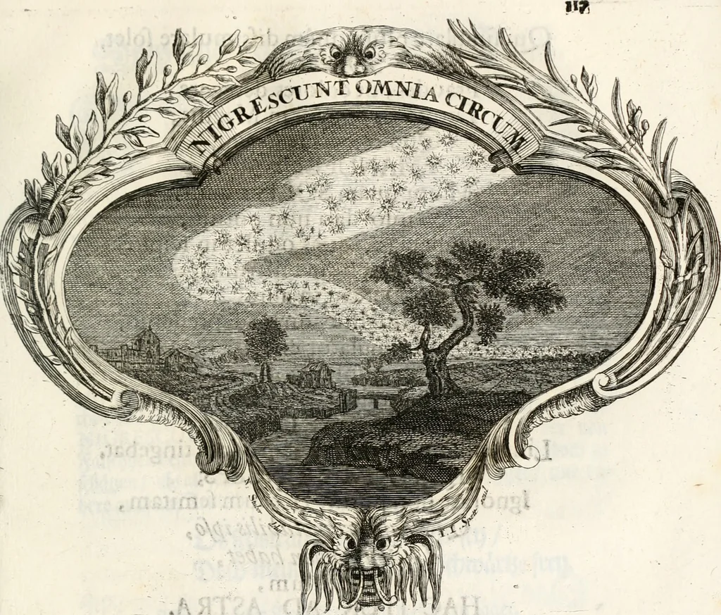 An illustration from Magnus in ortu; maximus in meridie; major in occasu : semperque serenissimus principum sol Maximilianus Emanuel, utr. Bav. & Palat. Sup. Dux., Com. Pal. Rheni, S.R. Imp. Archidap. & Elector, Landr. Leucht. &c., seu, Apparatus funebris litterarius extremis honoribus ejusdem Serenmi. ac Potentissimi Princ. Electoris adornatus, cùm in Elect. Templo Cler. Reg. solennes exequiae eidem piissimè defuncto electori celebrarentur, 1727, leaf 144