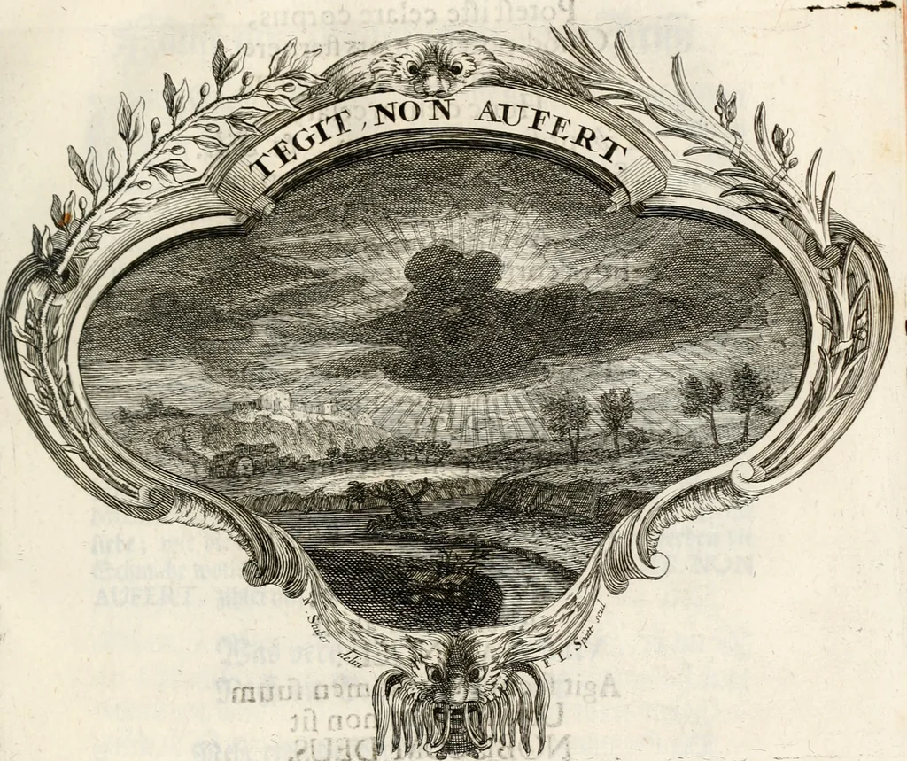 An illustration from Magnus in ortu; maximus in meridie; major in occasu : semperque serenissimus principum sol Maximilianus Emanuel, utr. Bav. & Palat. Sup. Dux., Com. Pal. Rheni, S.R. Imp. Archidap. & Elector, Landr. Leucht. &c., seu, Apparatus funebris litterarius extremis honoribus ejusdem Serenmi. ac Potentissimi Princ. Electoris adornatus, cùm in Elect. Templo Cler. Reg. solennes exequiae eidem piissimè defuncto electori celebrarentur, 1727, leaf 154