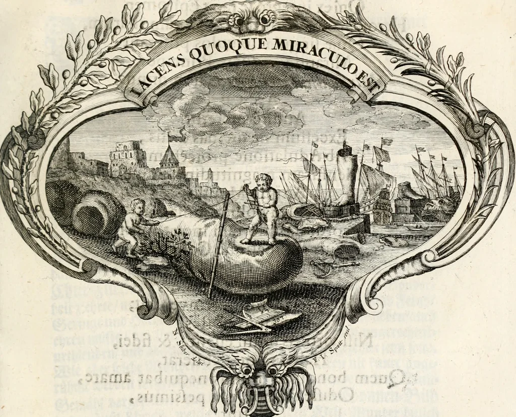 An illustration from Magnus in ortu; maximus in meridie; major in occasu : semperque serenissimus principum sol Maximilianus Emanuel, utr. Bav. & Palat. Sup. Dux., Com. Pal. Rheni, S.R. Imp. Archidap. & Elector, Landr. Leucht. &c., seu, Apparatus funebris litterarius extremis honoribus ejusdem Serenmi. ac Potentissimi Princ. Electoris adornatus, cùm in Elect. Templo Cler. Reg. solennes exequiae eidem piissimè defuncto electori celebrarentur, 1727, leaf 164
