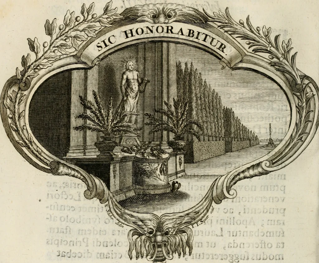 An illustration from Magnus in ortu; maximus in meridie; major in occasu : semperque serenissimus principum sol Maximilianus Emanuel, utr. Bav. & Palat. Sup. Dux., Com. Pal. Rheni, S.R. Imp. Archidap. & Elector, Landr. Leucht. &c., seu, Apparatus funebris litterarius extremis honoribus ejusdem Serenmi. ac Potentissimi Princ. Electoris adornatus, cùm in Elect. Templo Cler. Reg. solennes exequiae eidem piissimè defuncto electori celebrarentur, 1727, leaf 169