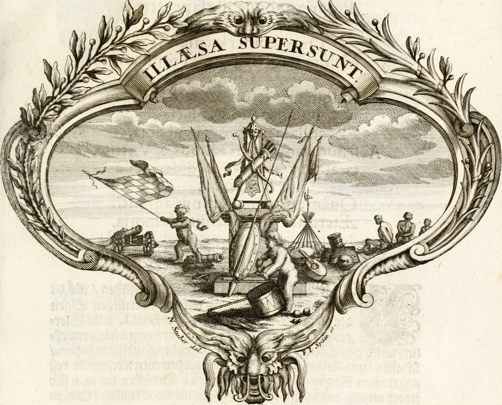 An illustration from Magnus in ortu; maximus in meridie; major in occasu : semperque serenissimus principum sol Maximilianus Emanuel, utr. Bav. & Palat. Sup. Dux., Com. Pal. Rheni, S.R. Imp. Archidap. & Elector, Landr. Leucht. &c., seu, Apparatus funebris litterarius extremis honoribus ejusdem Serenmi. ac Potentissimi Princ. Electoris adornatus, cùm in Elect. Templo Cler. Reg. solennes exequiae eidem piissimè defuncto electori celebrarentur, 1727, leaf 186