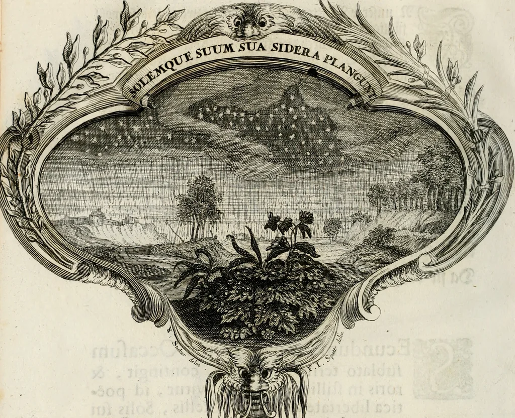 An illustration from Magnus in ortu; maximus in meridie; major in occasu : semperque serenissimus principum sol Maximilianus Emanuel, utr. Bav. & Palat. Sup. Dux., Com. Pal. Rheni, S.R. Imp. Archidap. & Elector, Landr. Leucht. &c., seu, Apparatus funebris litterarius extremis honoribus ejusdem Serenmi. ac Potentissimi Princ. Electoris adornatus, cùm in Elect. Templo Cler. Reg. solennes exequiae eidem piissimè defuncto electori celebrarentur, 1727, leaf 197