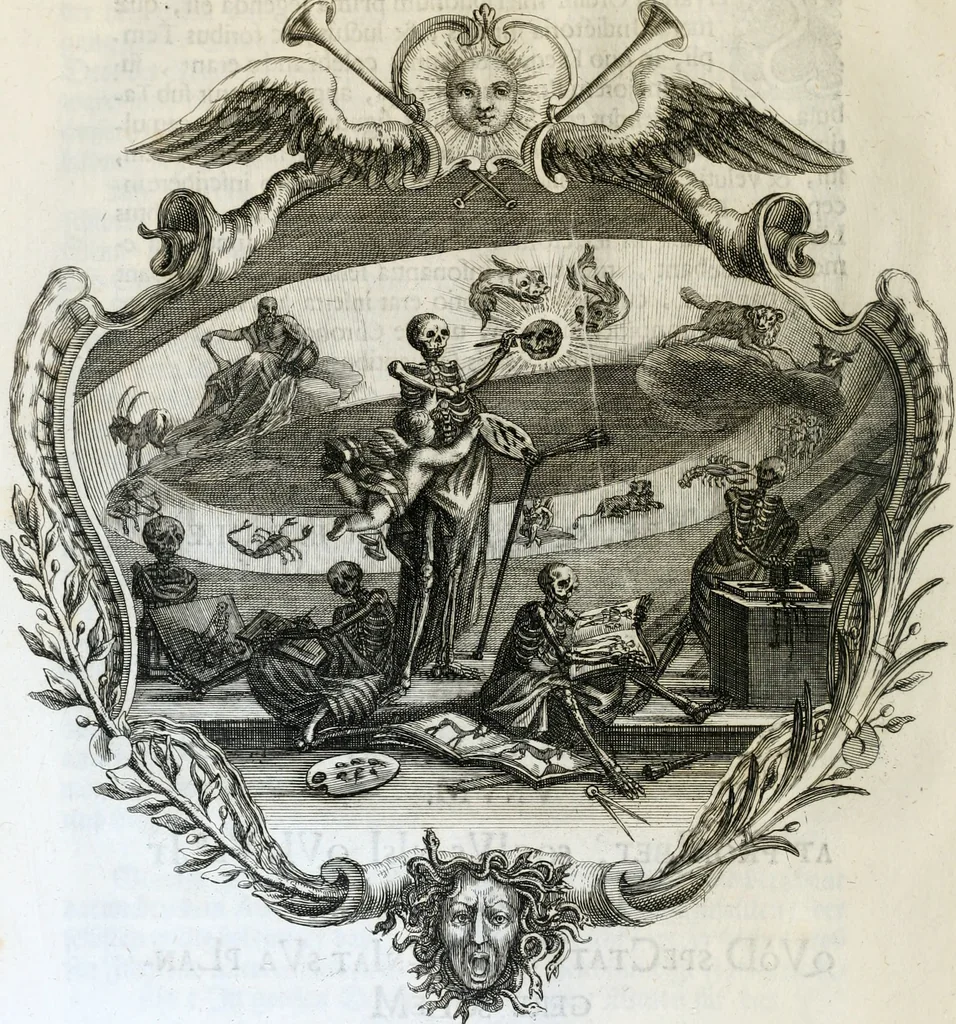An illustration from Magnus in ortu; maximus in meridie; major in occasu : semperque serenissimus principum sol Maximilianus Emanuel, utr. Bav. & Palat. Sup. Dux., Com. Pal. Rheni, S.R. Imp. Archidap. & Elector, Landr. Leucht. &c., seu, Apparatus funebris litterarius extremis honoribus ejusdem Serenmi. ac Potentissimi Princ. Electoris adornatus, cùm in Elect. Templo Cler. Reg. solennes exequiae eidem piissimè defuncto electori celebrarentur, 1727, leaf 27