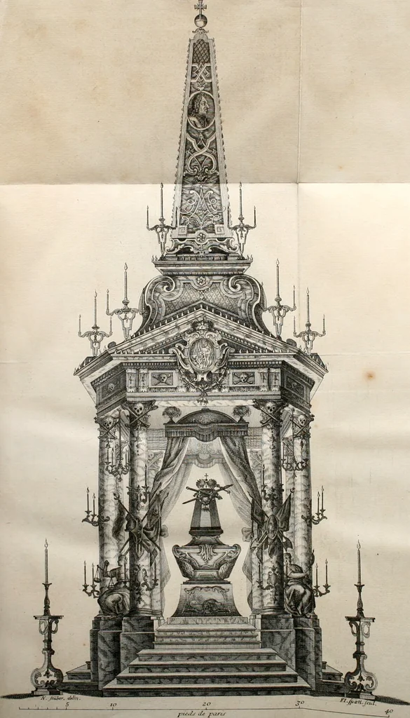 An illustration from Magnus in ortu; maximus in meridie; major in occasu : semperque serenissimus principum sol Maximilianus Emanuel, utr. Bav. & Palat. Sup. Dux., Com. Pal. Rheni, S.R. Imp. Archidap. & Elector, Landr. Leucht. &c., seu, Apparatus funebris litterarius extremis honoribus ejusdem Serenmi. ac Potentissimi Princ. Electoris adornatus, cùm in Elect. Templo Cler. Reg. solennes exequiae eidem piissimè defuncto electori celebrarentur, 1727, leaf 31