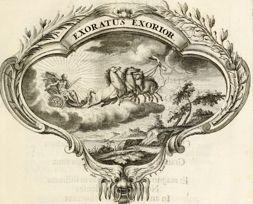 An illustration from Magnus in ortu; maximus in meridie; major in occasu : semperque serenissimus principum sol Maximilianus Emanuel, utr. Bav. & Palat. Sup. Dux., Com. Pal. Rheni, S.R. Imp. Archidap. & Elector, Landr. Leucht. &c., seu, Apparatus funebris litterarius extremis honoribus ejusdem Serenmi. ac Potentissimi Princ. Electoris adornatus, cùm in Elect. Templo Cler. Reg. solennes exequiae eidem piissimè defuncto electori celebrarentur, 1727, leaf 44