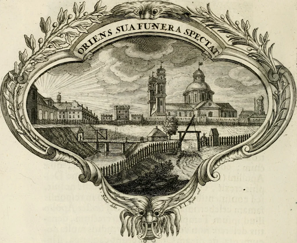 An illustration from Magnus in ortu; maximus in meridie; major in occasu : semperque serenissimus principum sol Maximilianus Emanuel, utr. Bav. & Palat. Sup. Dux., Com. Pal. Rheni, S.R. Imp. Archidap. & Elector, Landr. Leucht. &c., seu, Apparatus funebris litterarius extremis honoribus ejusdem Serenmi. ac Potentissimi Princ. Electoris adornatus, cùm in Elect. Templo Cler. Reg. solennes exequiae eidem piissimè defuncto electori celebrarentur, 1727, leaf 49