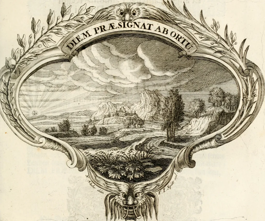 An illustration from Magnus in ortu; maximus in meridie; major in occasu : semperque serenissimus principum sol Maximilianus Emanuel, utr. Bav. & Palat. Sup. Dux., Com. Pal. Rheni, S.R. Imp. Archidap. & Elector, Landr. Leucht. &c., seu, Apparatus funebris litterarius extremis honoribus ejusdem Serenmi. ac Potentissimi Princ. Electoris adornatus, cùm in Elect. Templo Cler. Reg. solennes exequiae eidem piissimè defuncto electori celebrarentur, 1727, leaf 54