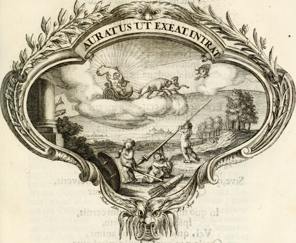 An illustration from Magnus in ortu; maximus in meridie; major in occasu : semperque serenissimus principum sol Maximilianus Emanuel, utr. Bav. & Palat. Sup. Dux., Com. Pal. Rheni, S.R. Imp. Archidap. & Elector, Landr. Leucht. &c., seu, Apparatus funebris litterarius extremis honoribus ejusdem Serenmi. ac Potentissimi Princ. Electoris adornatus, cùm in Elect. Templo Cler. Reg. solennes exequiae eidem piissimè defuncto electori celebrarentur, 1727, leaf 64