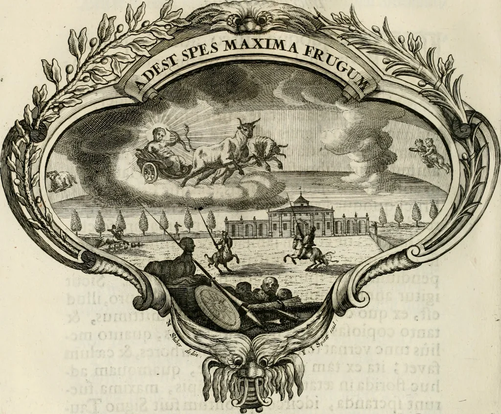 An illustration from Magnus in ortu; maximus in meridie; major in occasu : semperque serenissimus principum sol Maximilianus Emanuel, utr. Bav. & Palat. Sup. Dux., Com. Pal. Rheni, S.R. Imp. Archidap. & Elector, Landr. Leucht. &c., seu, Apparatus funebris litterarius extremis honoribus ejusdem Serenmi. ac Potentissimi Princ. Electoris adornatus, cùm in Elect. Templo Cler. Reg. solennes exequiae eidem piissimè defuncto electori celebrarentur, 1727, leaf 69