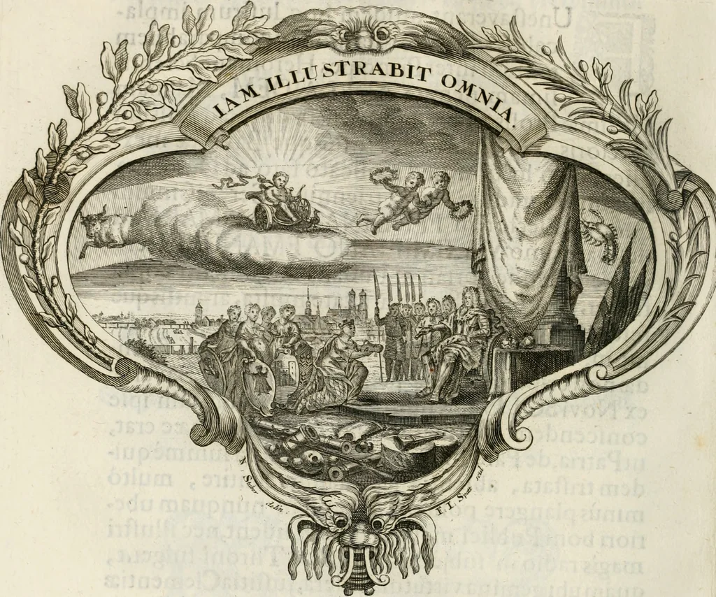An illustration from Magnus in ortu; maximus in meridie; major in occasu : semperque serenissimus principum sol Maximilianus Emanuel, utr. Bav. & Palat. Sup. Dux., Com. Pal. Rheni, S.R. Imp. Archidap. & Elector, Landr. Leucht. &c., seu, Apparatus funebris litterarius extremis honoribus ejusdem Serenmi. ac Potentissimi Princ. Electoris adornatus, cùm in Elect. Templo Cler. Reg. solennes exequiae eidem piissimè defuncto electori celebrarentur, 1727, leaf 75