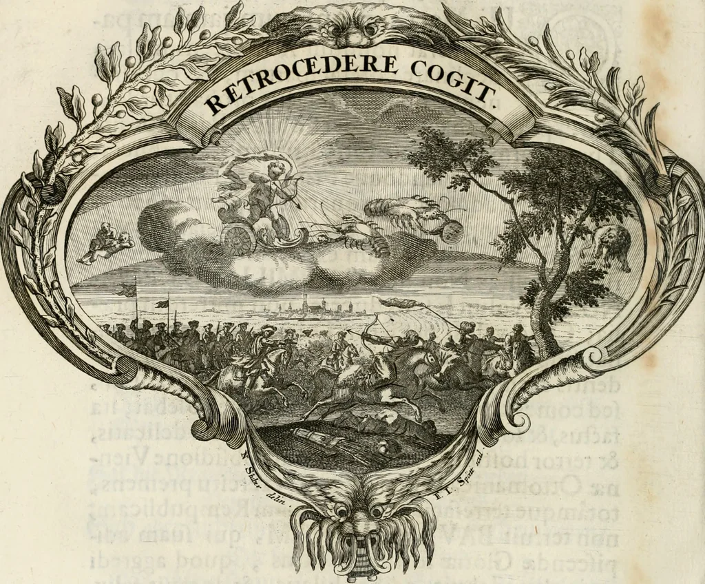 An illustration from Magnus in ortu; maximus in meridie; major in occasu : semperque serenissimus principum sol Maximilianus Emanuel, utr. Bav. & Palat. Sup. Dux., Com. Pal. Rheni, S.R. Imp. Archidap. & Elector, Landr. Leucht. &c., seu, Apparatus funebris litterarius extremis honoribus ejusdem Serenmi. ac Potentissimi Princ. Electoris adornatus, cùm in Elect. Templo Cler. Reg. solennes exequiae eidem piissimè defuncto electori celebrarentur, 1727, leaf 81