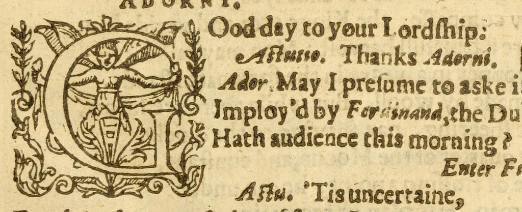 An illustration from The maid of honour : as it hath beene often presented with good allowance at the Phoenix in Drurie-Lane, by the Queenes Majesties Servants, 1632, leaf 13